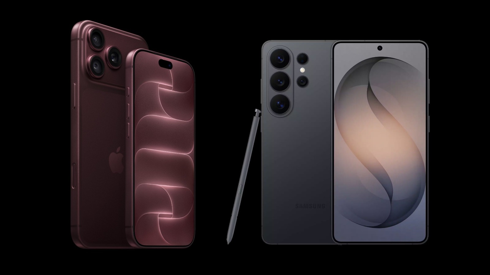 Two large smartphones displayed side by side, with a stylus between them against a black background.