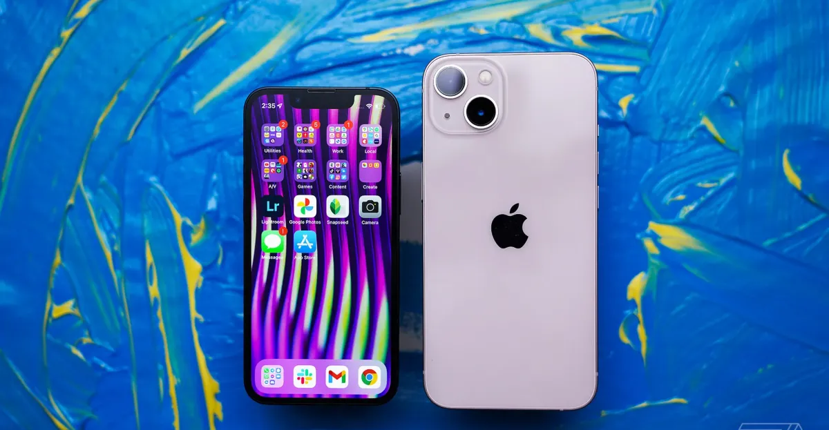 Two iPhones, one showing its home screen and one showing its lavender back, against blue artwork.