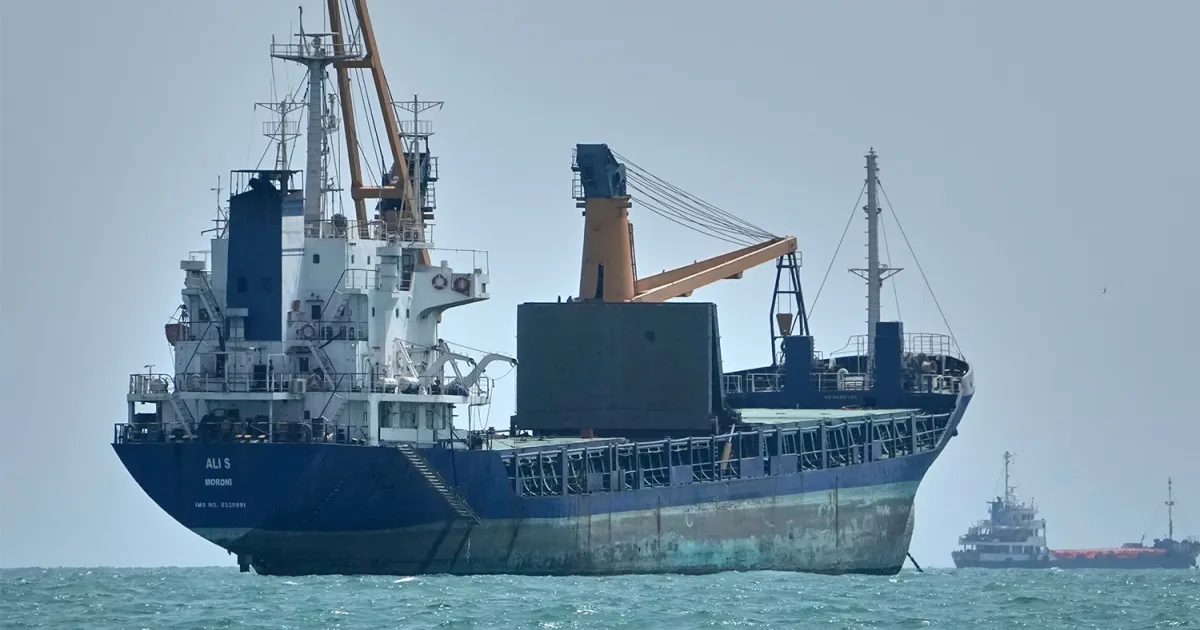 Large cargo ship with deck cranes sails offshore, accompanied by a smaller tugboat in the distance.