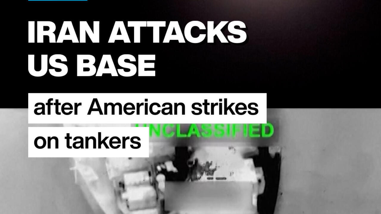 Graphic with bold text about Iran attacking a US base, over a grayscale military image.