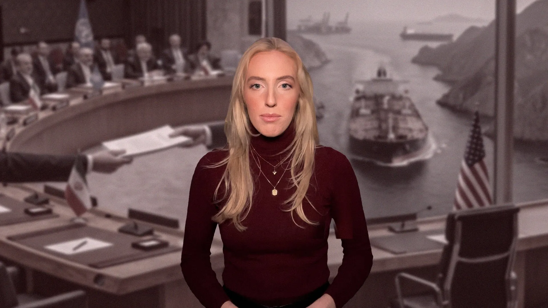 A blonde woman in a burgundy top sits before a grayscale image of a conference room and ships.