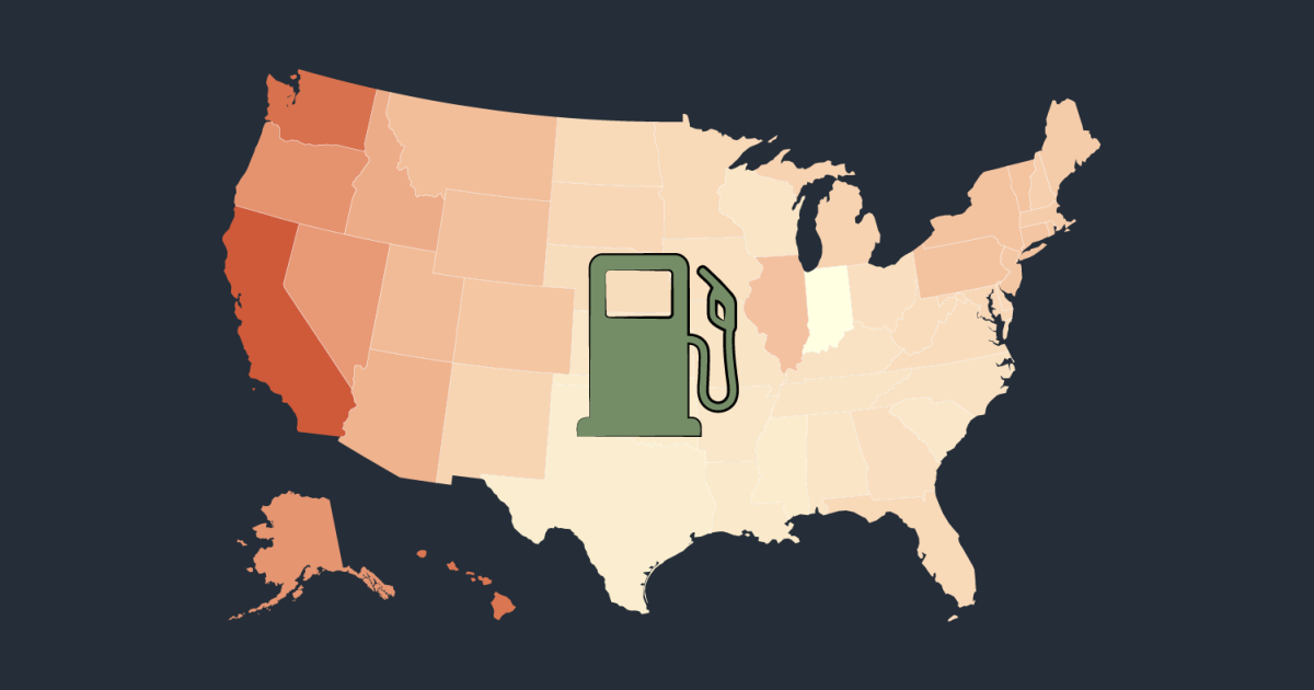 Stylized United States map in warm tones with a large green gasoline pump icon centered over it