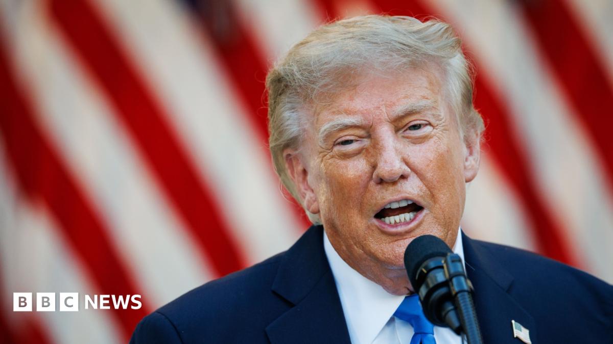 Donald Trump speaks into a microphone before a backdrop of American flags.