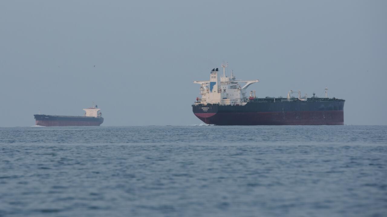 Two large cargo ships sail across calm, hazy waters under a pale blue sky.