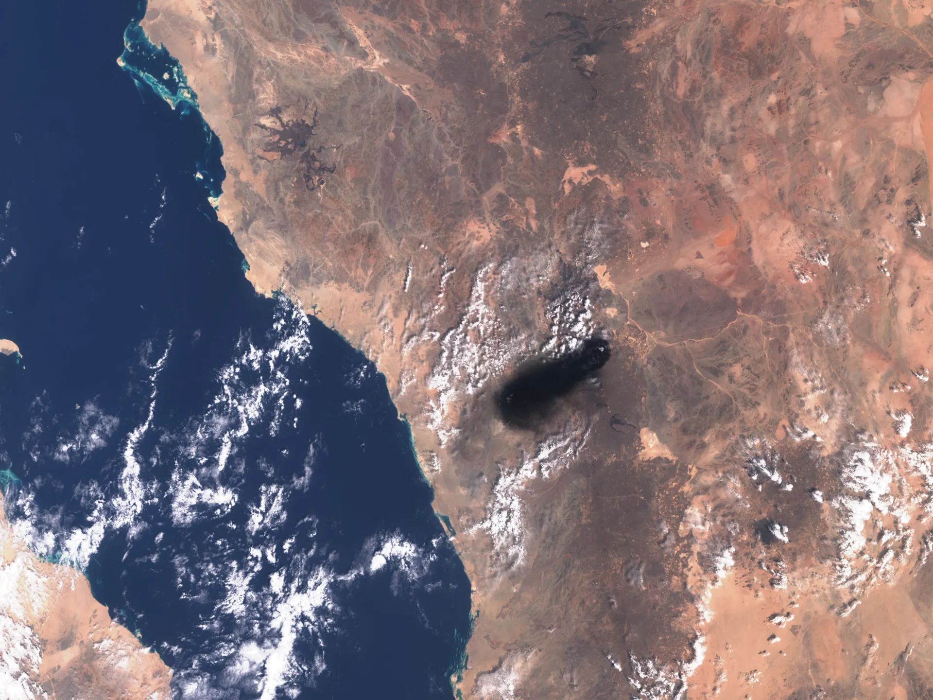 Satellite view of a desert coastline, dark blue sea, scattered clouds, and rugged inland terrain.
