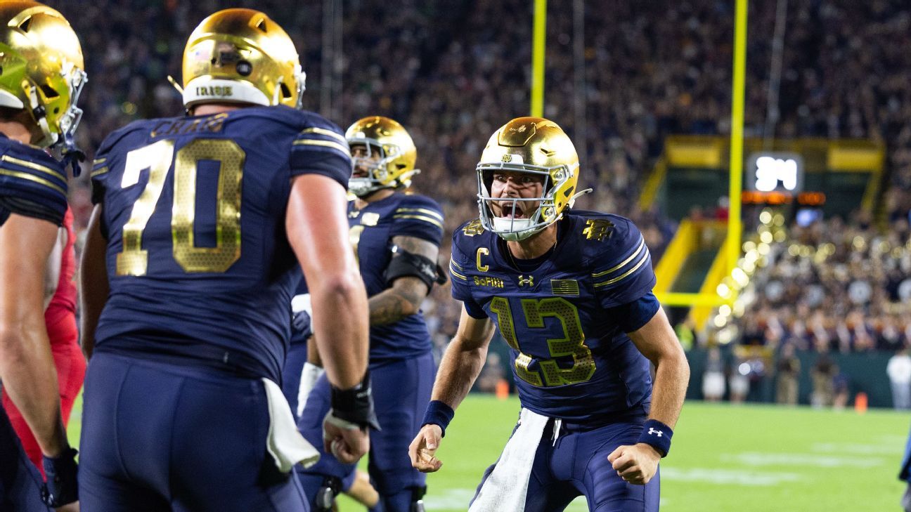 Notre Dame football players in gold helmets and navy uniforms celebrate on the field.