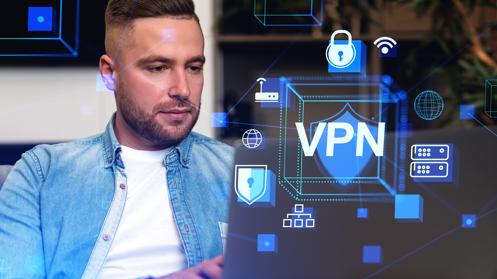 Man using a laptop beside blue VPN security graphics showing locks, servers, and network symbols.