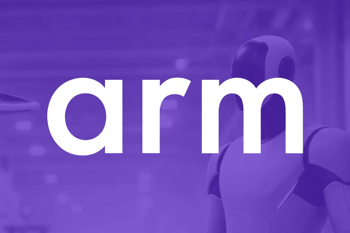 Purple-tinted image of a humanoid robot beside oversized white “arm” lettering.
