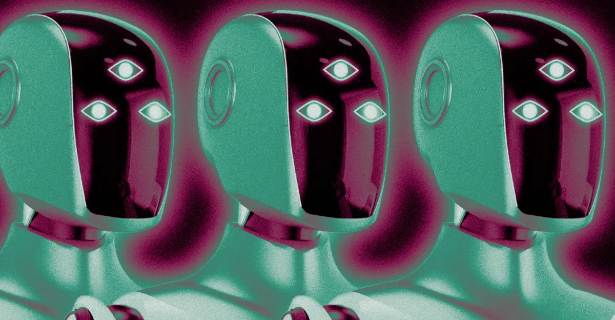 Stylized teal-and-magenta illustration of three identical humanoid robots with glowing eye symbols.