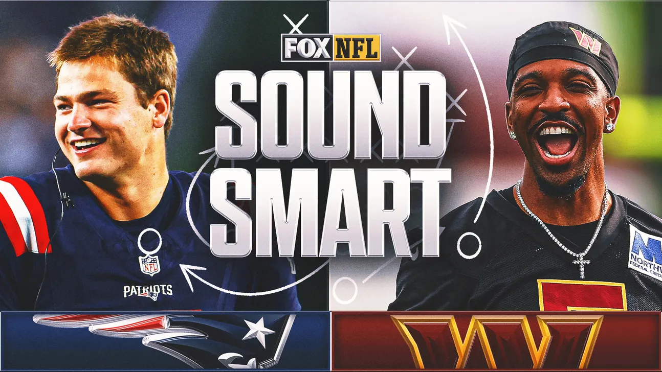 Two football players flank large “Sound Smart” FOX NFL graphic with handwritten play diagrams.
