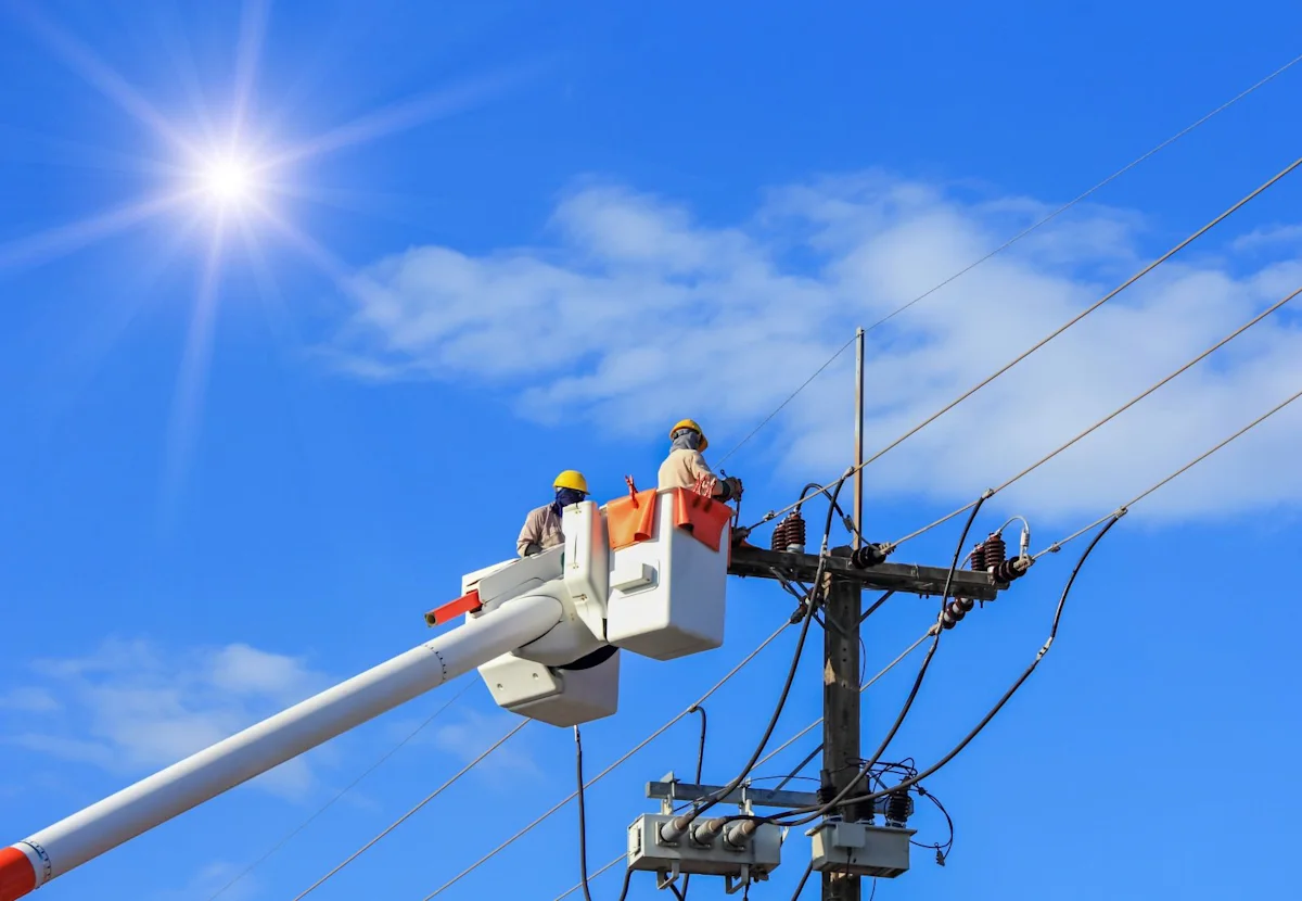 Utility workers in bucket trucks repair overhead power lines beneath a bright blue sky
