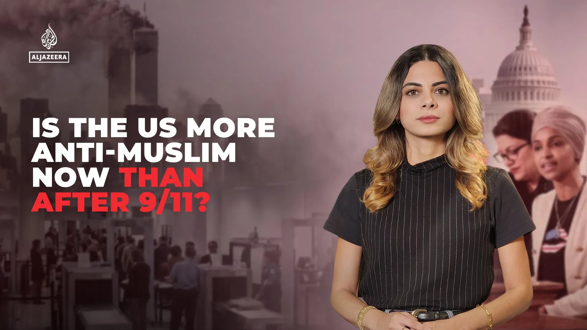 News presenter beside headline questioning whether US anti-Muslim sentiment exceeds levels after 9/11
