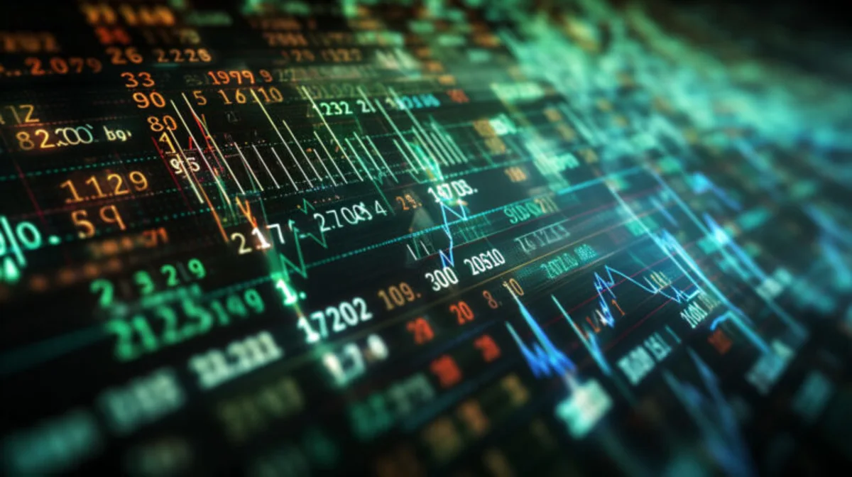 Abstract financial market data with glowing numbers, charts, and fluctuating lines on a dark background
