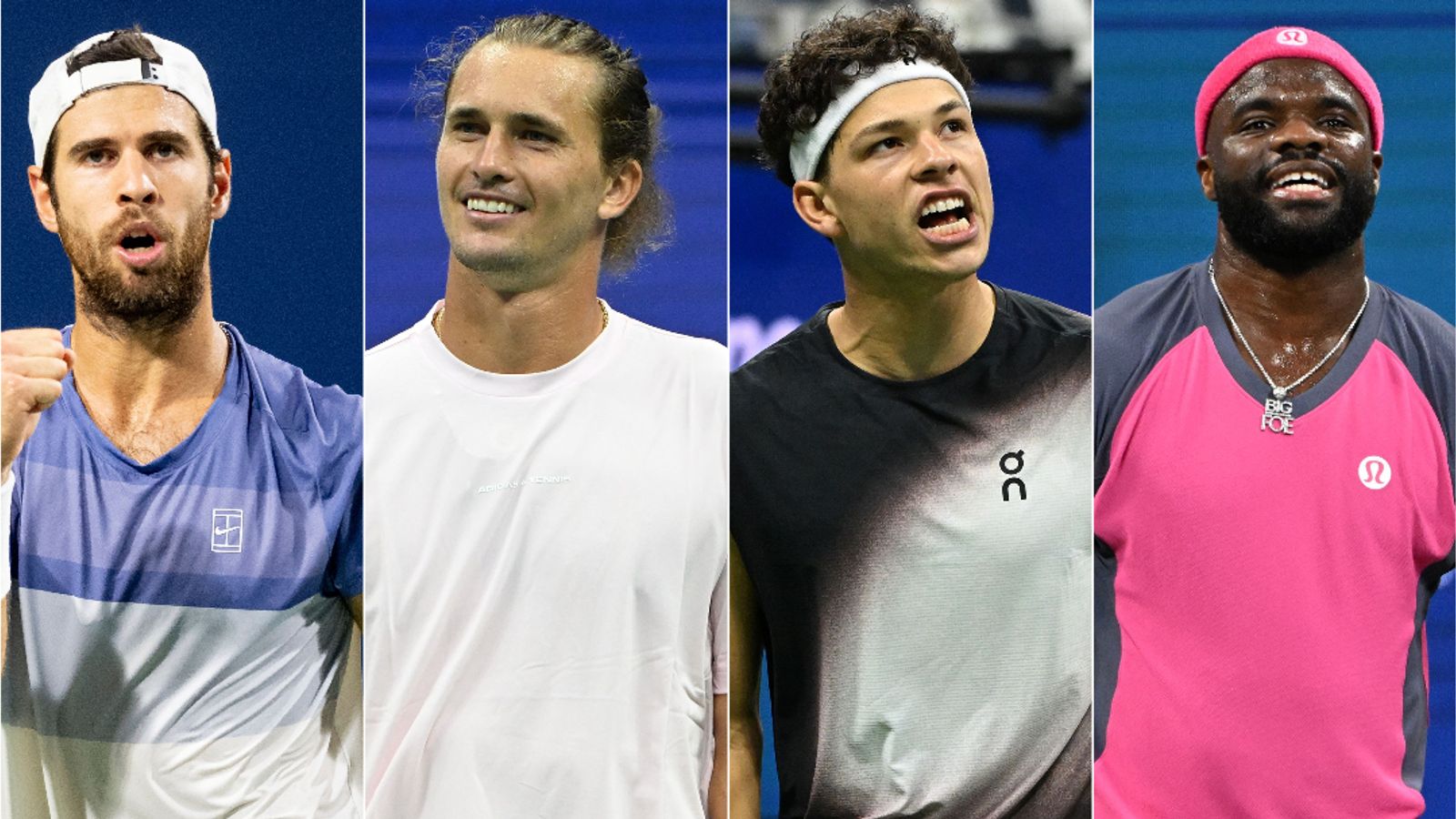 Four male tennis players pose in separate vertical panels, wearing varied athletic outfits and headwear.