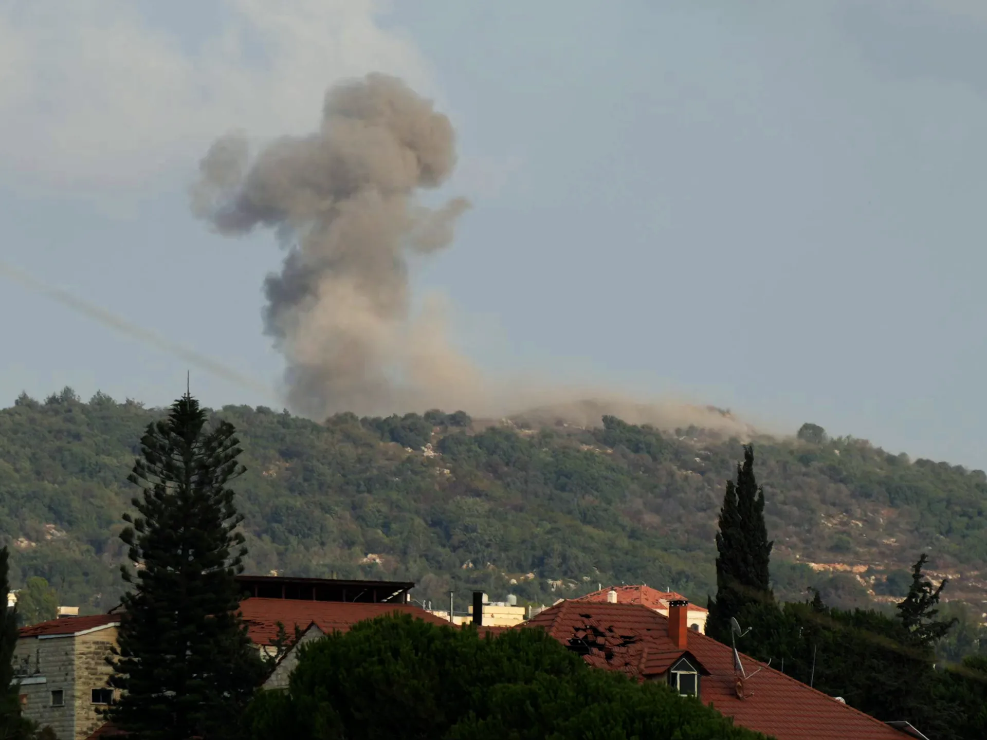 Large smoke plume rises above a wooded ridge behind red-roofed homes under a pale sky.