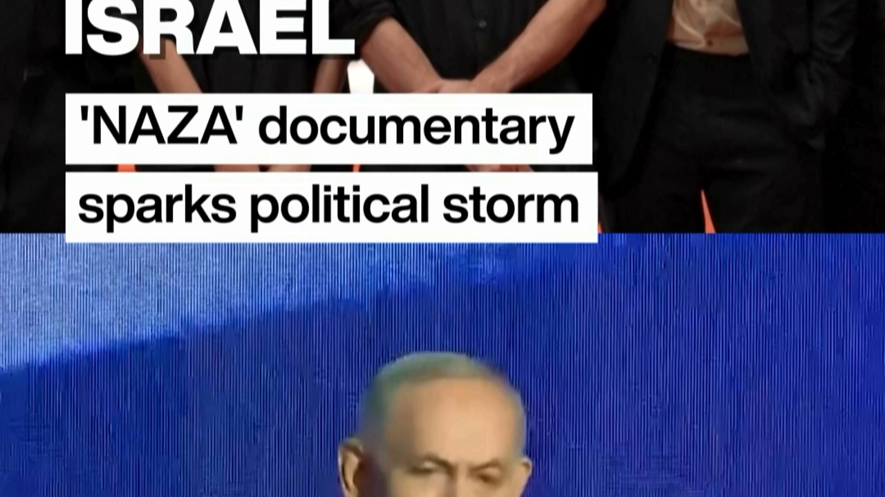 News graphic reading Israel and 'NAZA' documentary sparks political storm above a partially visible bald man.