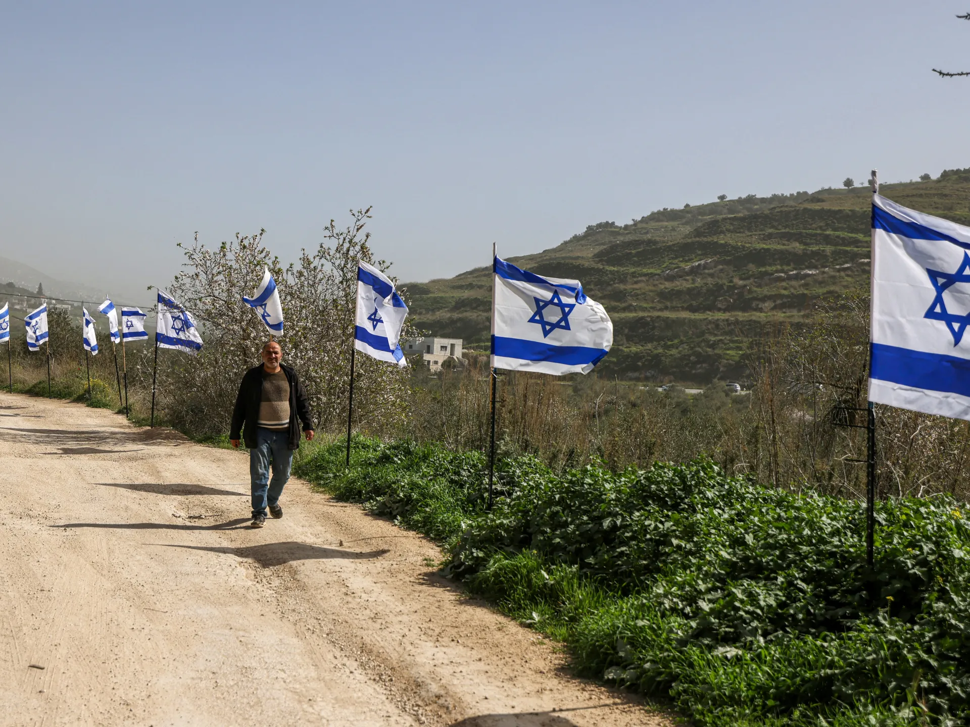 Israeli flags line a dirt road as a man walks through a hilly landscape