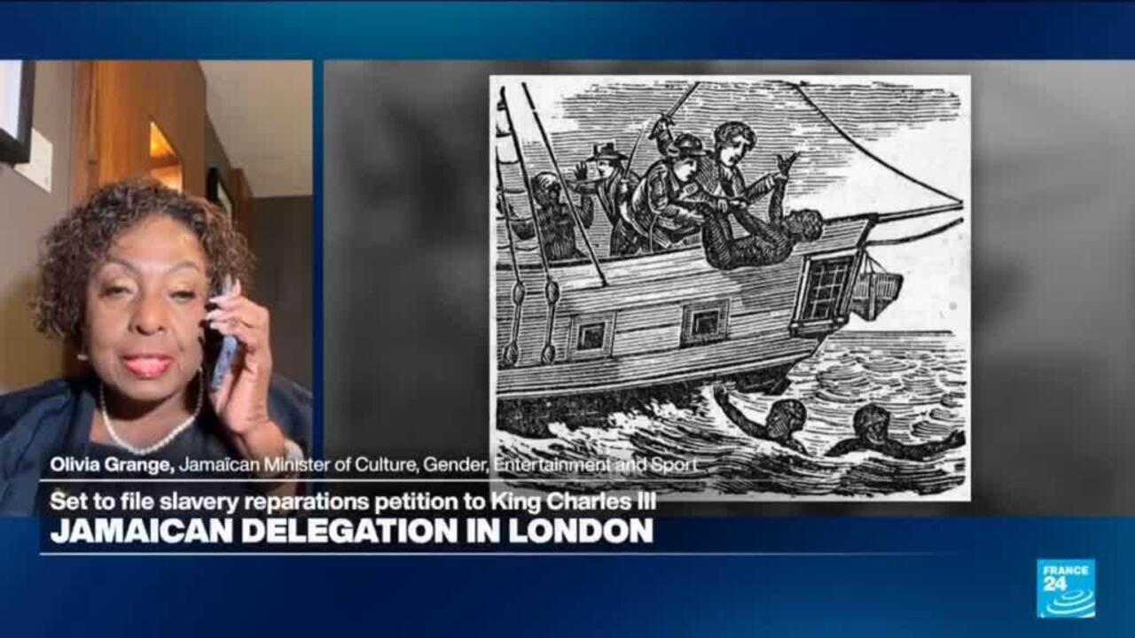 Split-screen news image shows a woman beside a historical engraving of people aboard a ship.