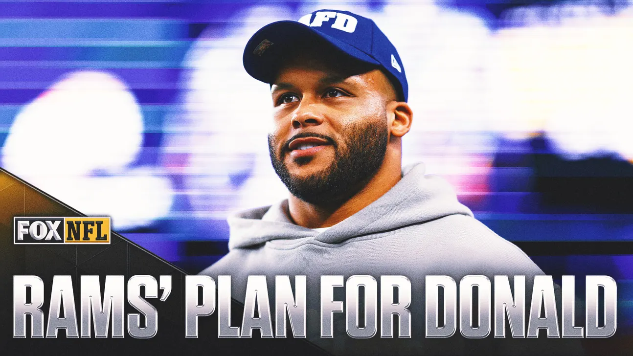 Man in blue cap and gray hoodie pictured beside FOX NFL graphic reading Rams’ Plan for Donald