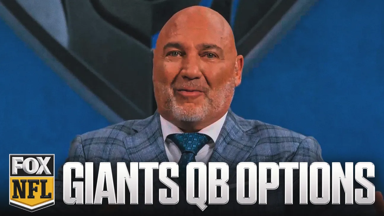 Bald man in a blue plaid suit appears above a FOX NFL graphic reading “GIANTS QB OPTIONS.”