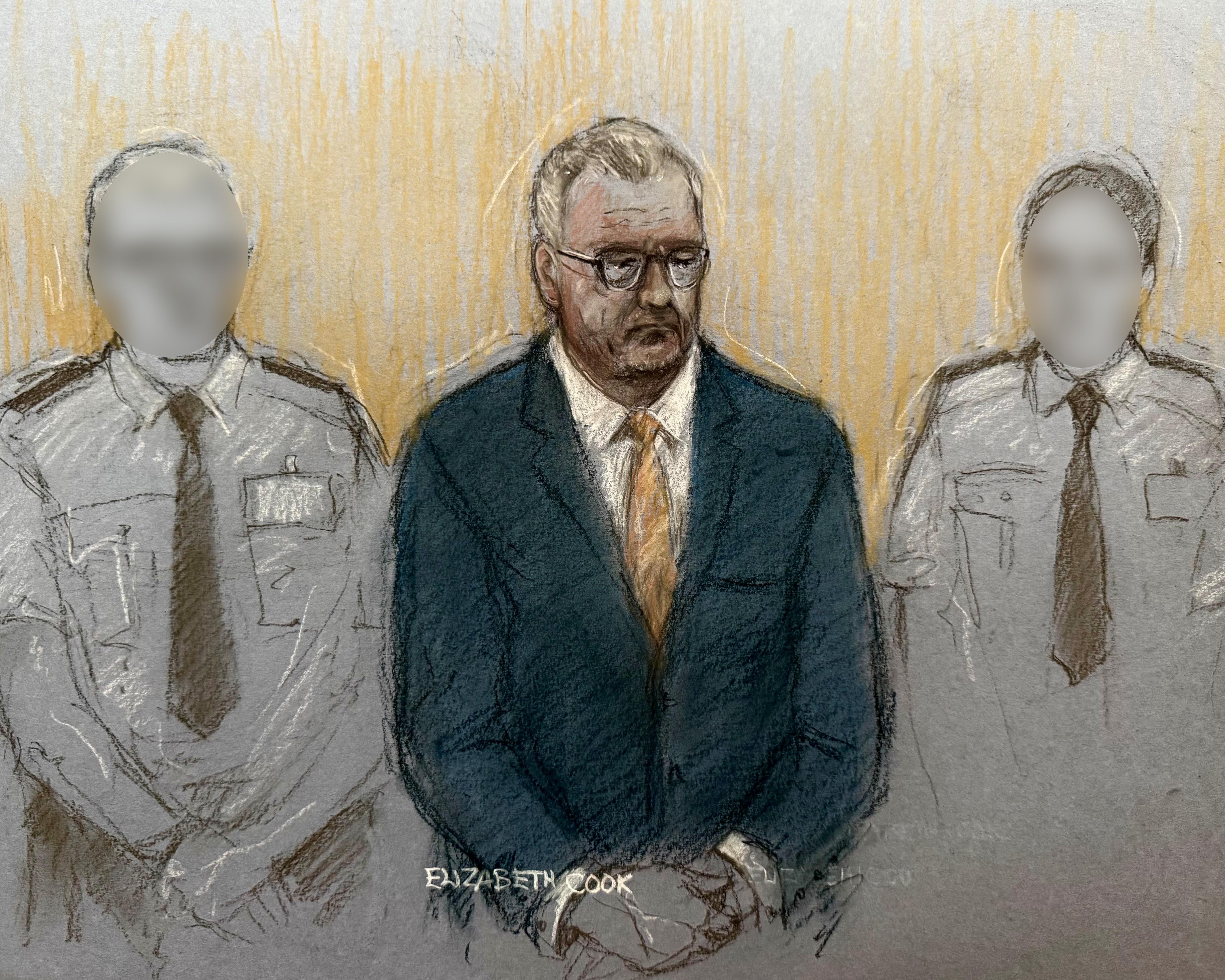 Illustration of a bespectacled man in a dark suit between two faceless figures in gray uniforms.