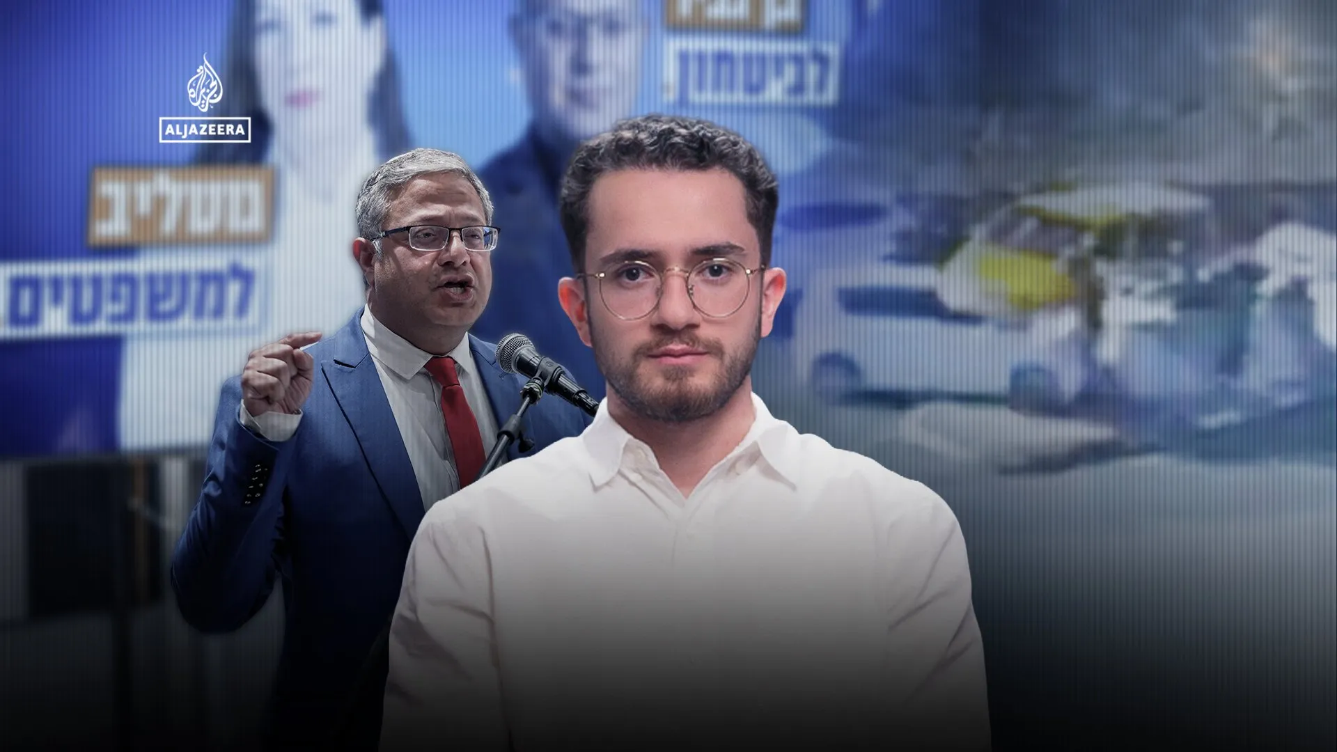 A bespectacled man in a white shirt appears in front of a blurred televised image of a suited speaker.