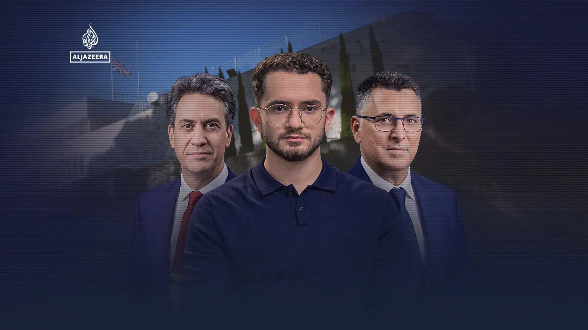 Composite image of three men, with a casually dressed man centered between two suited men, against a darkened backdrop.