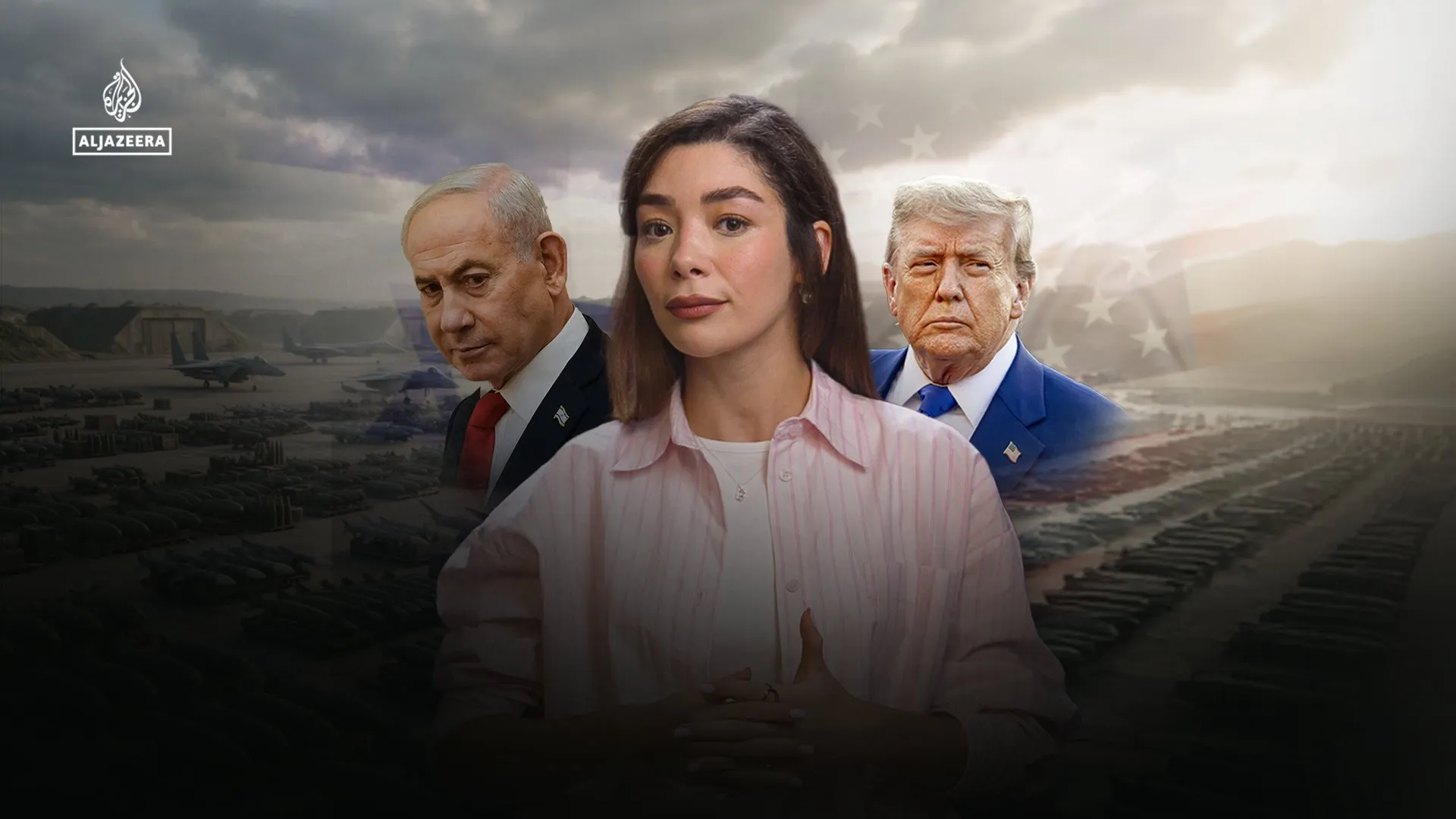 Composite image of three people against military aircraft, weapons, storm clouds, and faint American flags.