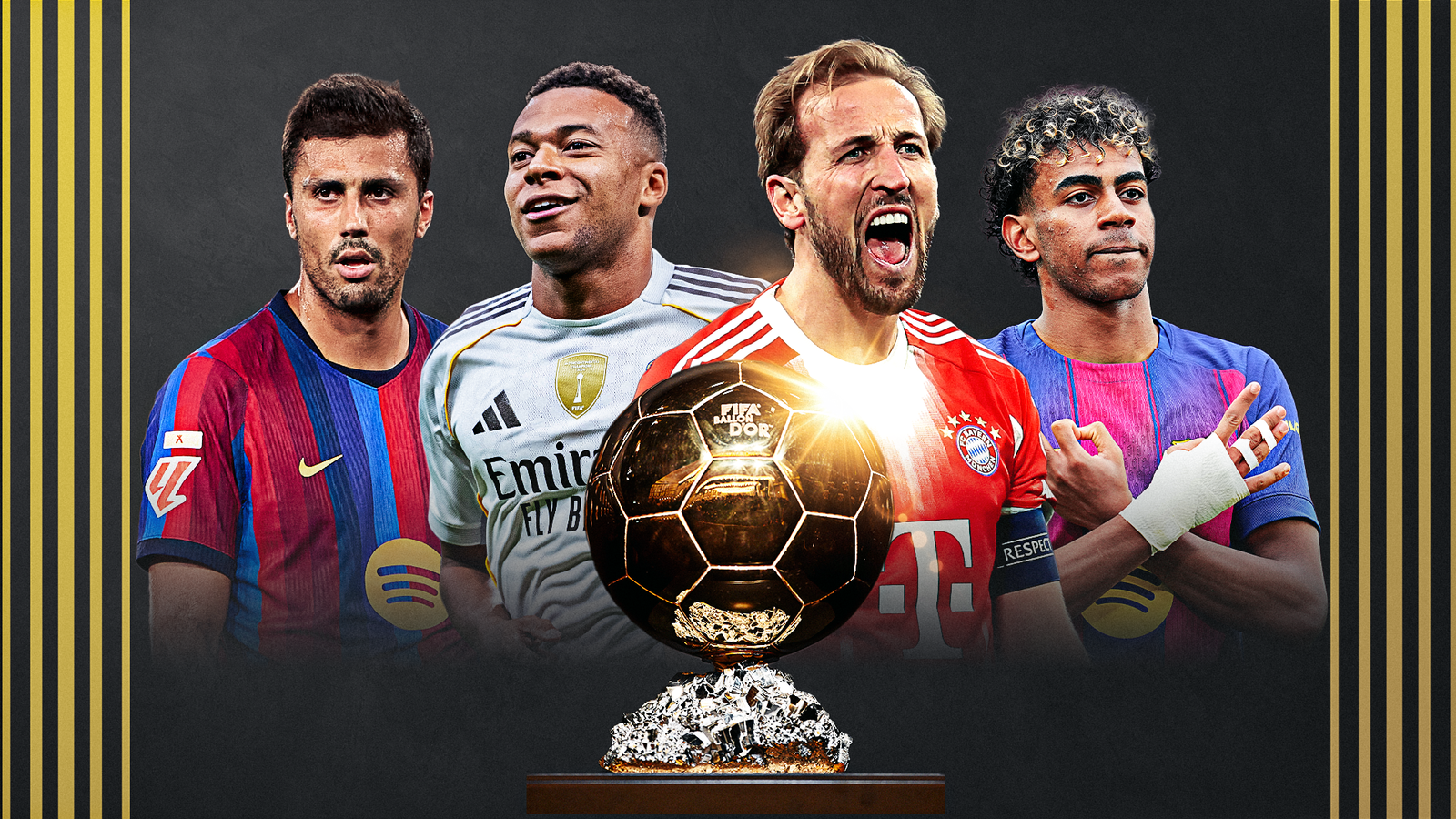 Four footballers posed behind a glowing Ballon d'Or trophy against a dark background with gold stripes.