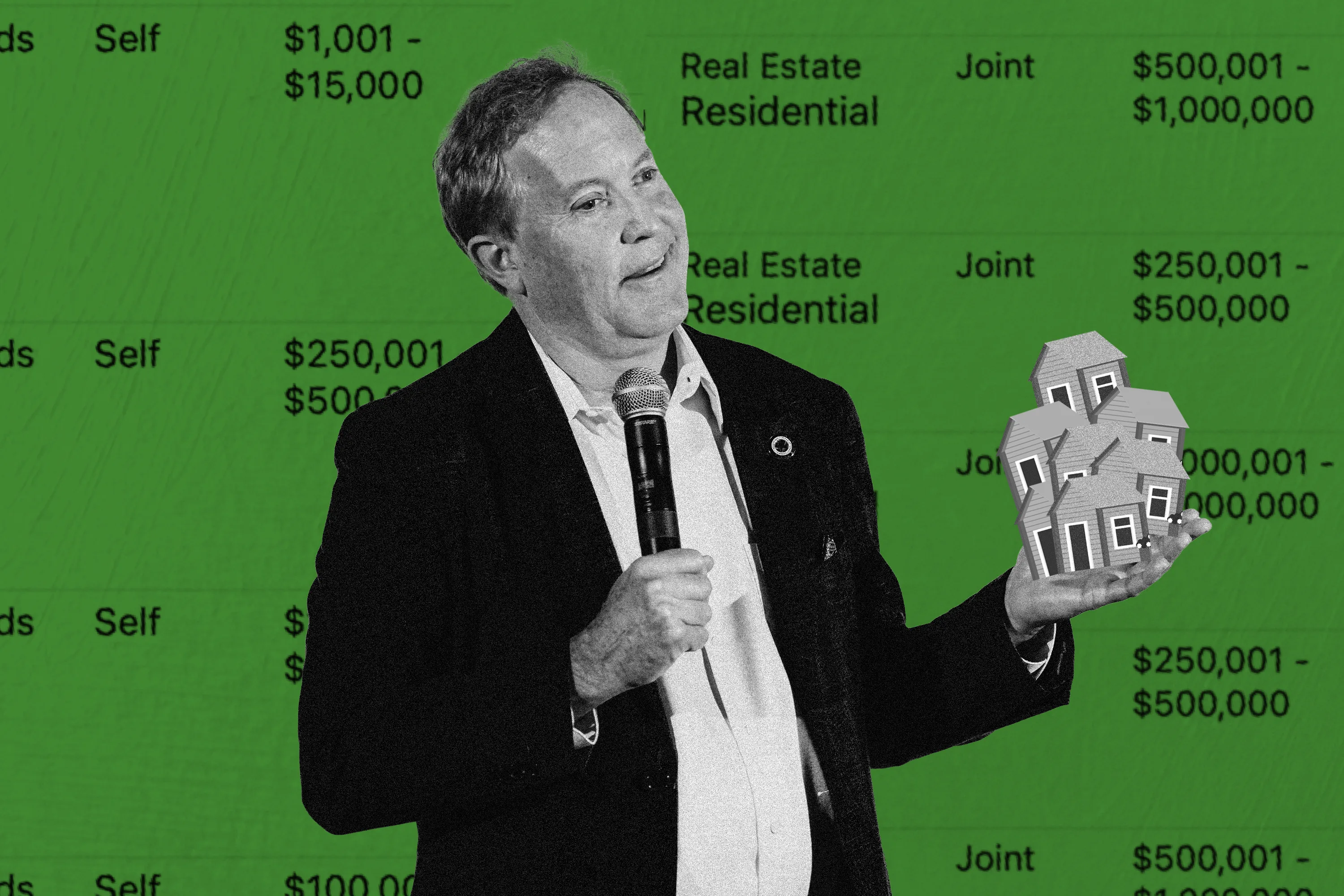 Man speaking into a microphone while holding miniature houses against a green financial disclosure background