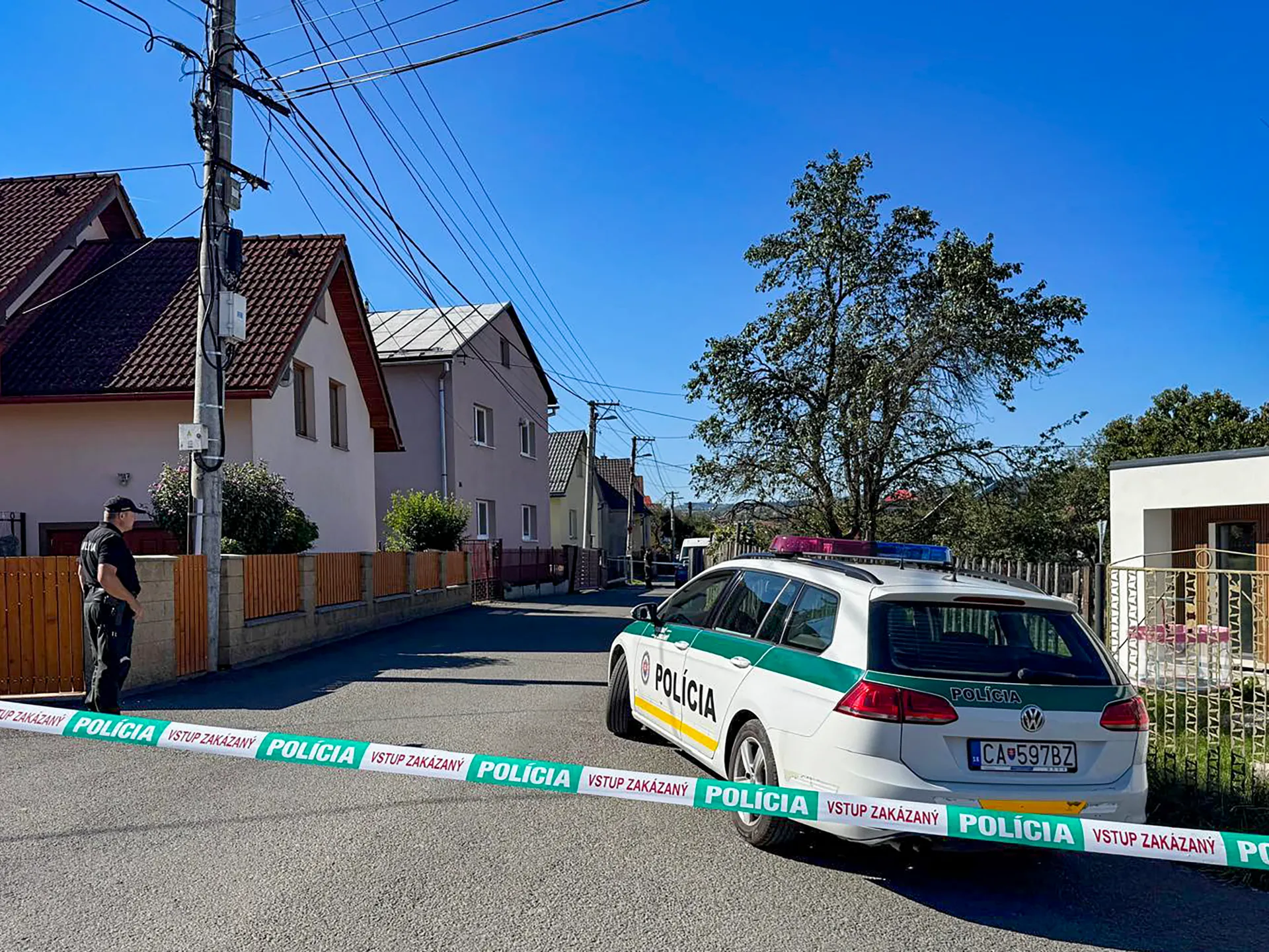 Police car and officer behind warning tape on a residential street lined with houses.