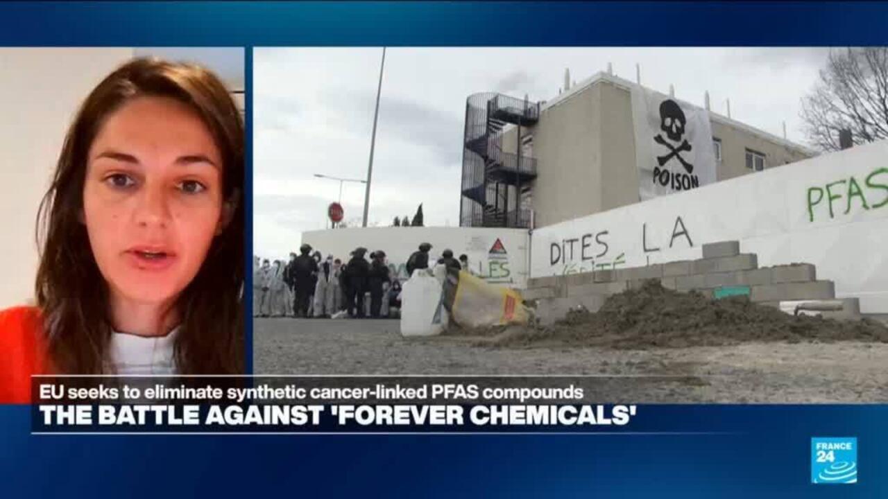 Split-screen news broadcast shows a woman beside protesters and a building marked with poison graffiti.