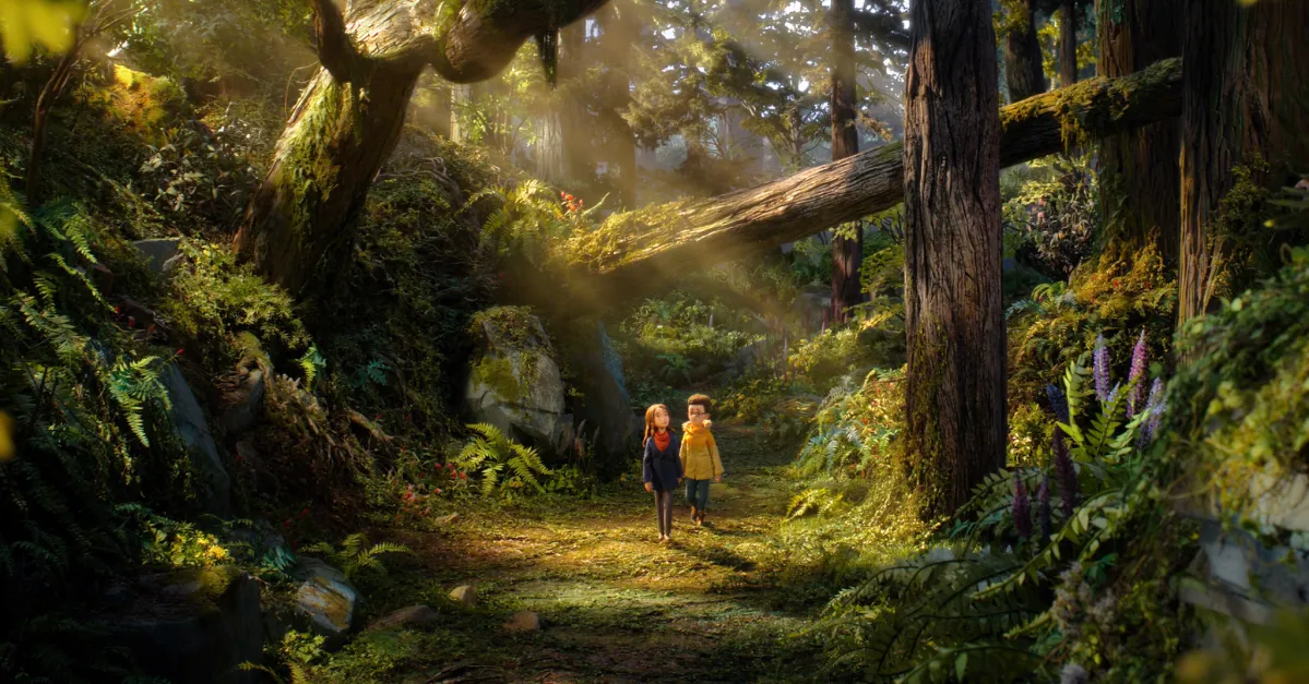 Two children walk along a sunlit forest path surrounded by ferns, moss, and fallen trees.