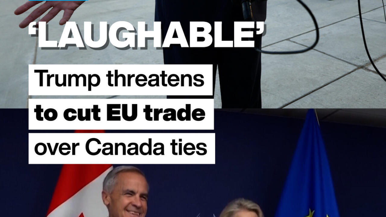 News graphic with trade headline over officials beside Canadian and European Union flags
