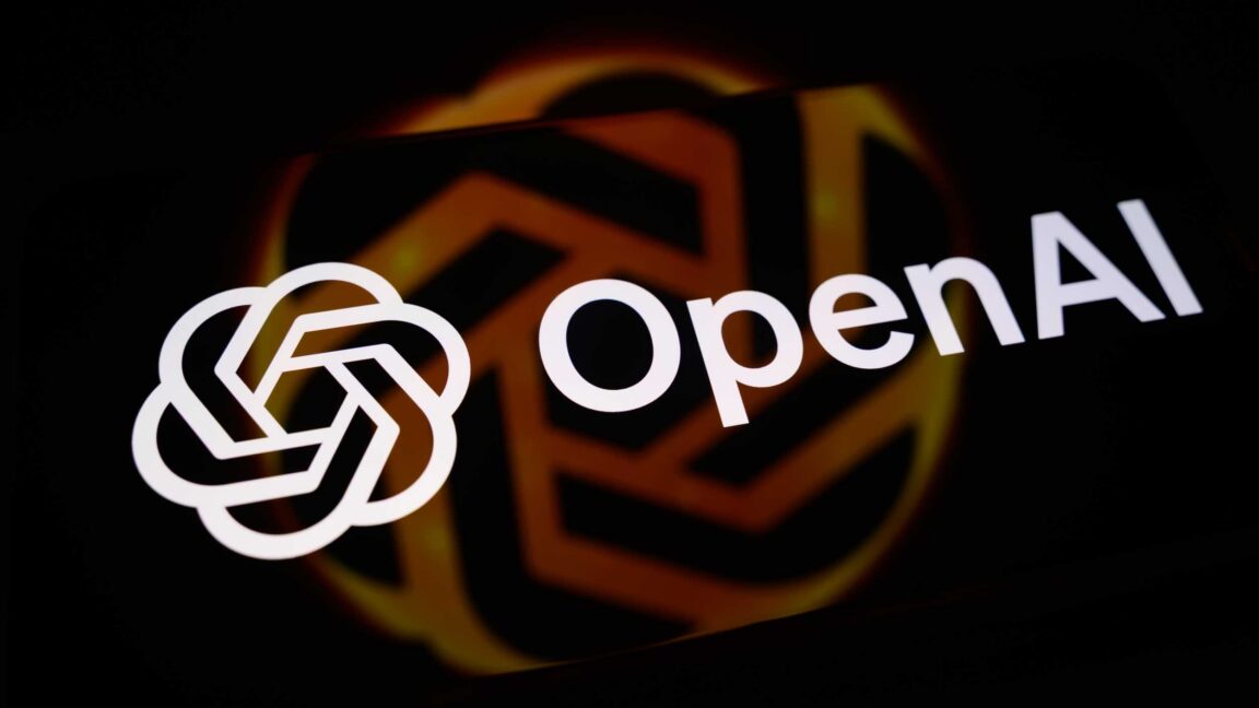 OpenAI logo and wordmark appear in white against a dark background with a blurred orange emblem.