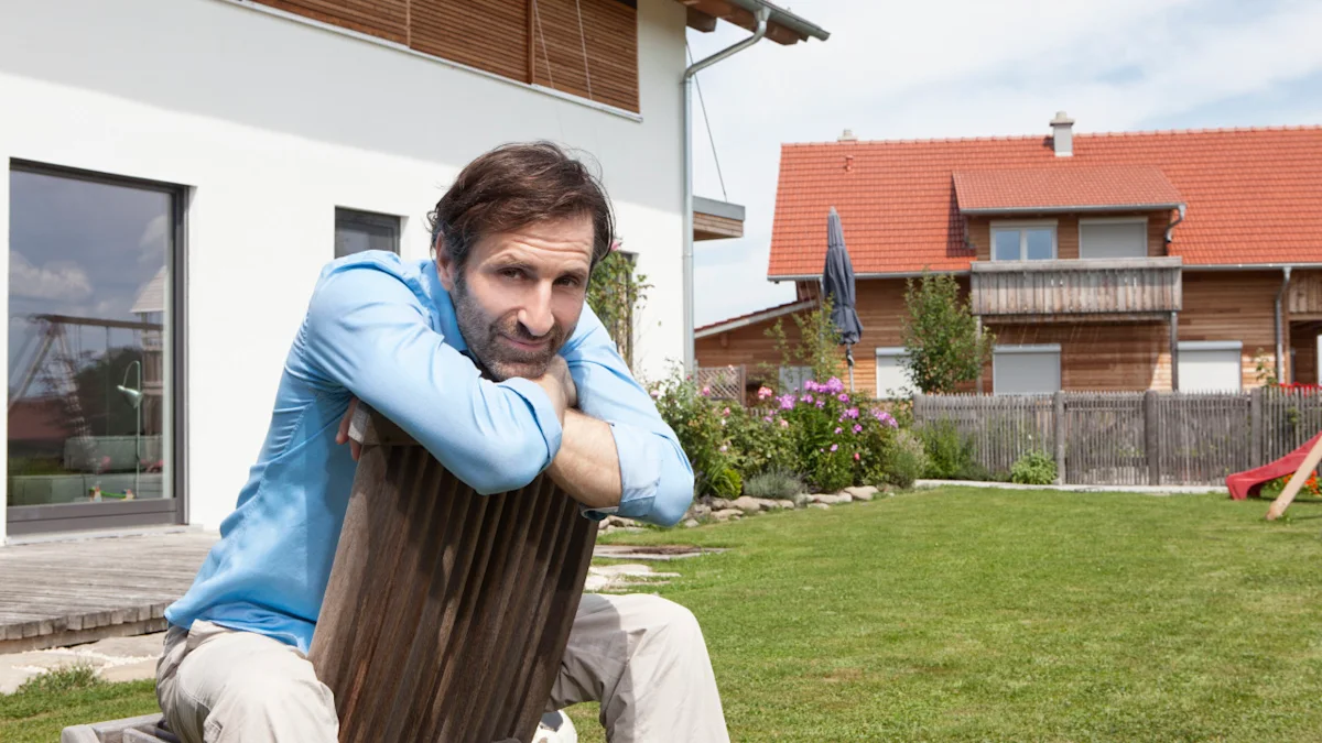Man sits backwards on a wooden chair in a residential backyard, resting his arms on its back.