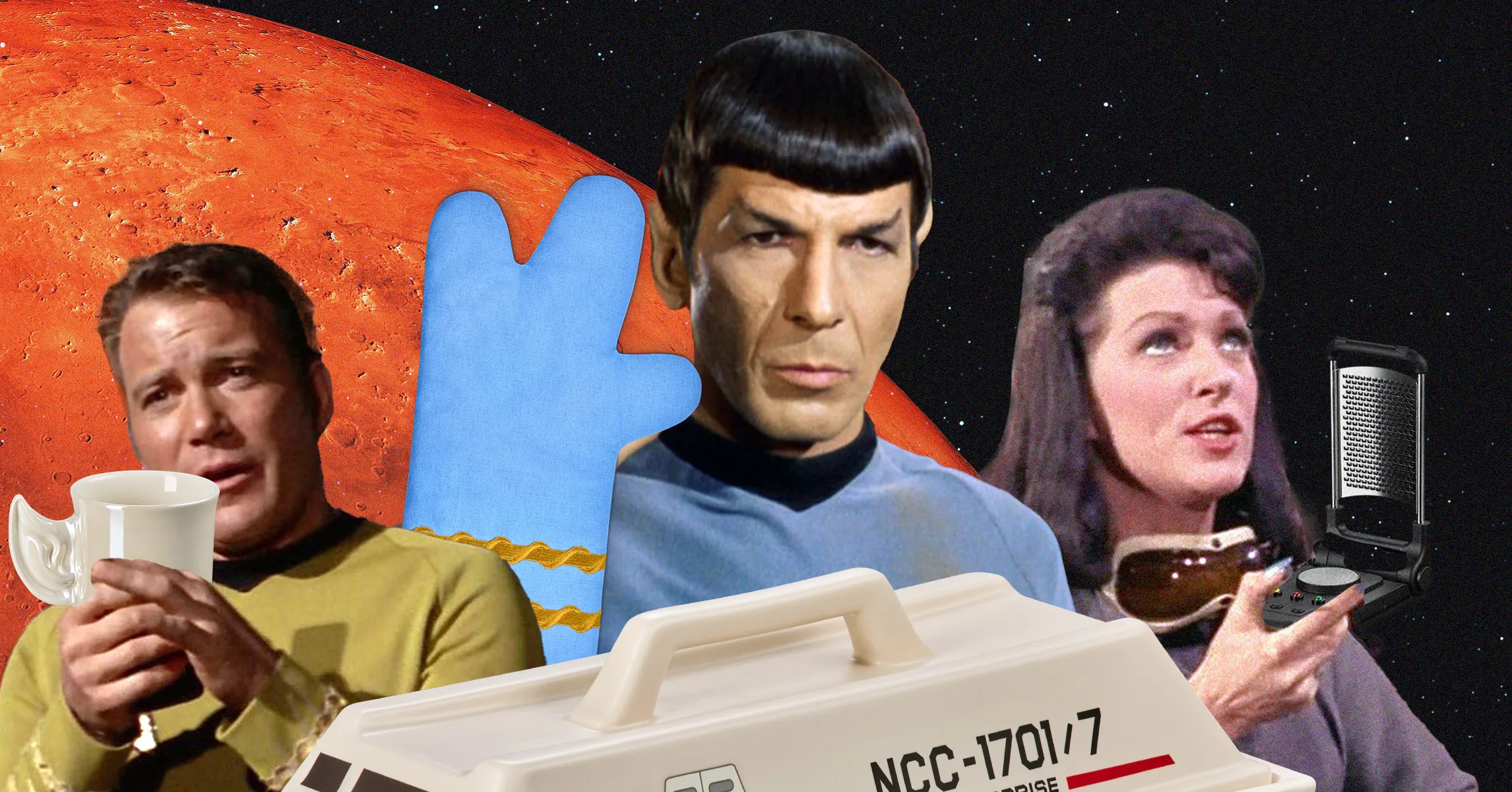 Collage of Star Trek characters, a red planet, blue emblem, teacup, appliance, and cream cookware case