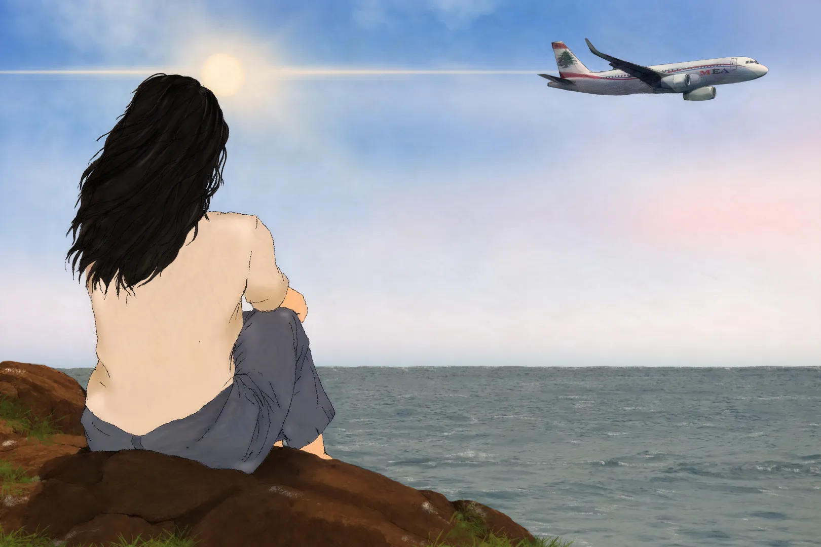 A seated person on a rocky shore looks toward an MEA passenger plane flying above the sea.