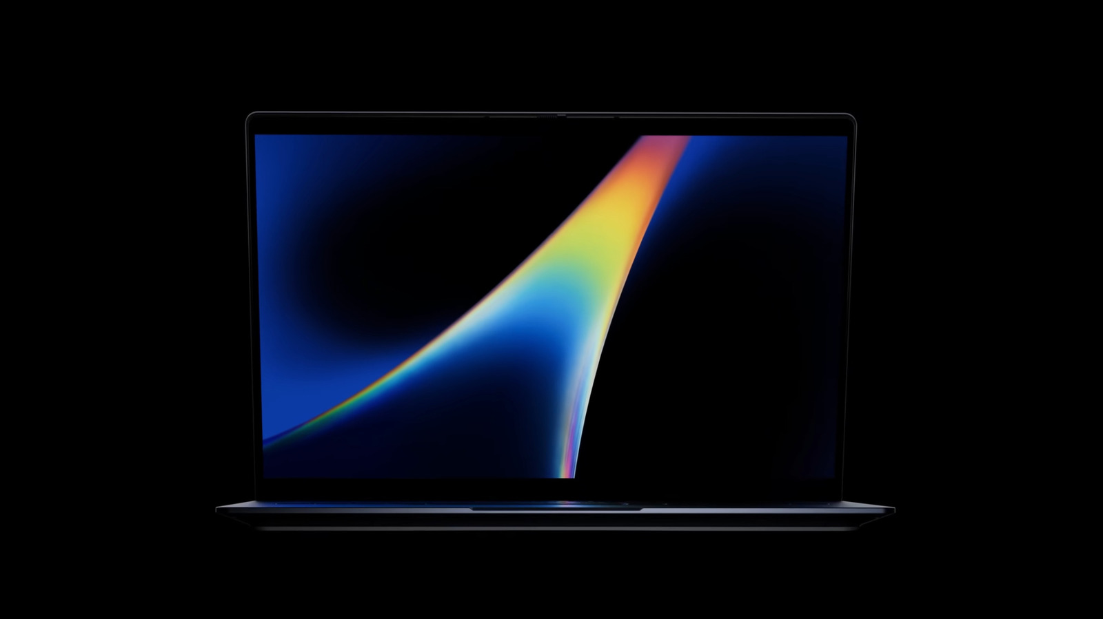 Open laptop displaying a colorful abstract light streak against a black background