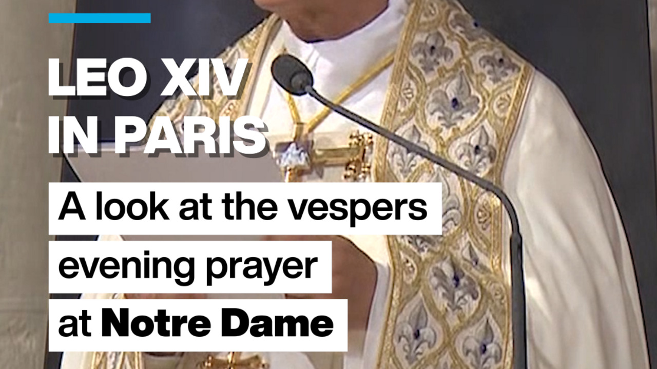 A cleric in ornate gold vestments speaks into a microphone, with bold text about evening prayer overlaid.