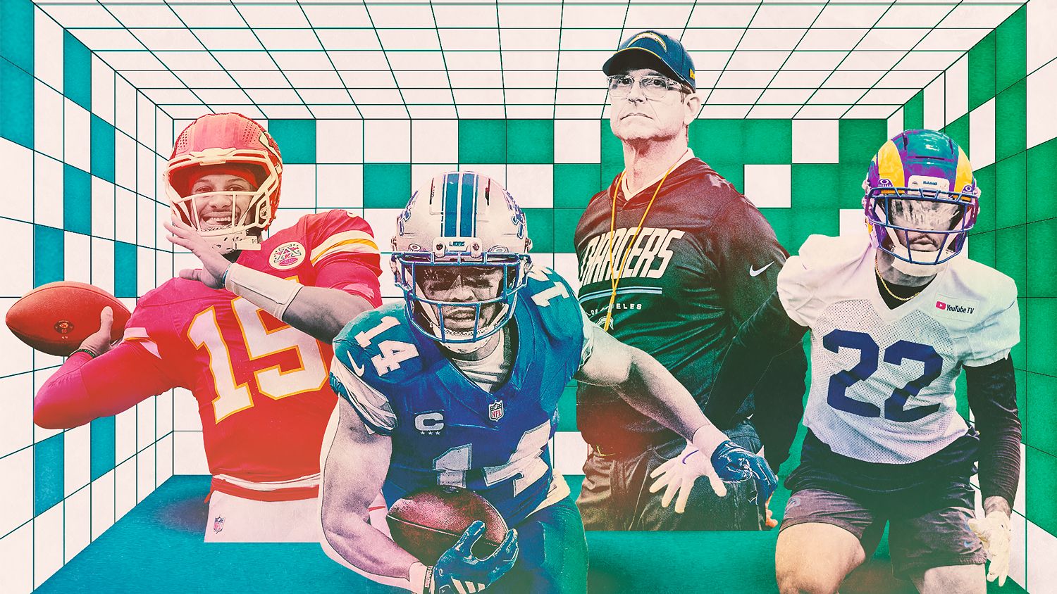 Composite illustration of four football players and a coach in colorful uniforms inside a geometric grid room.