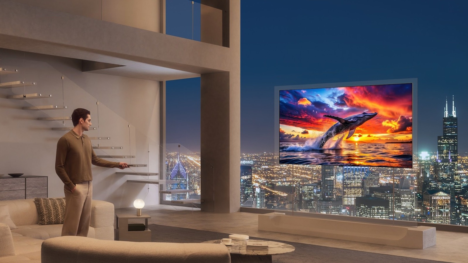 Person stands in a modern apartment beside a television displaying a breaching whale.