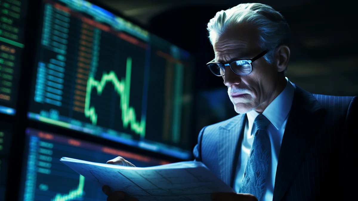 Man in suit reviews a document beside glowing financial market charts and trading screens.