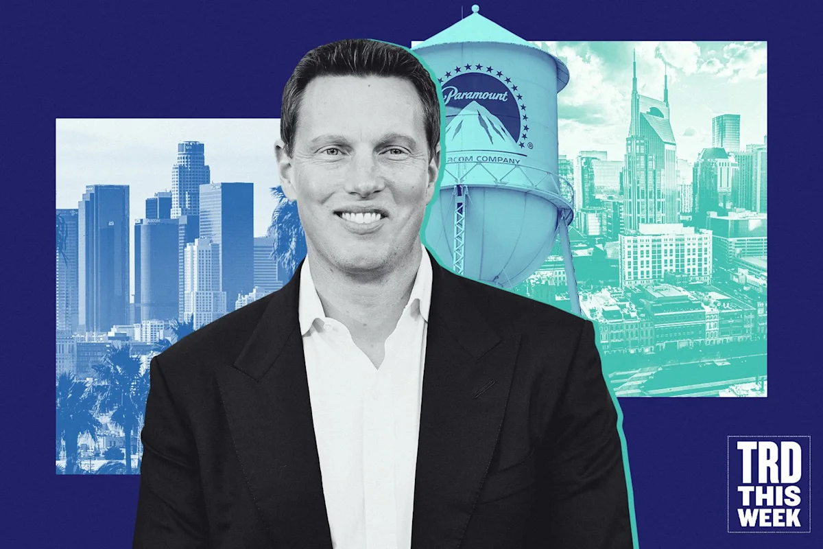 Grayscale portrait of a smiling man in a suit overlaid on stylized cityscape and Paramount water tower imagery.