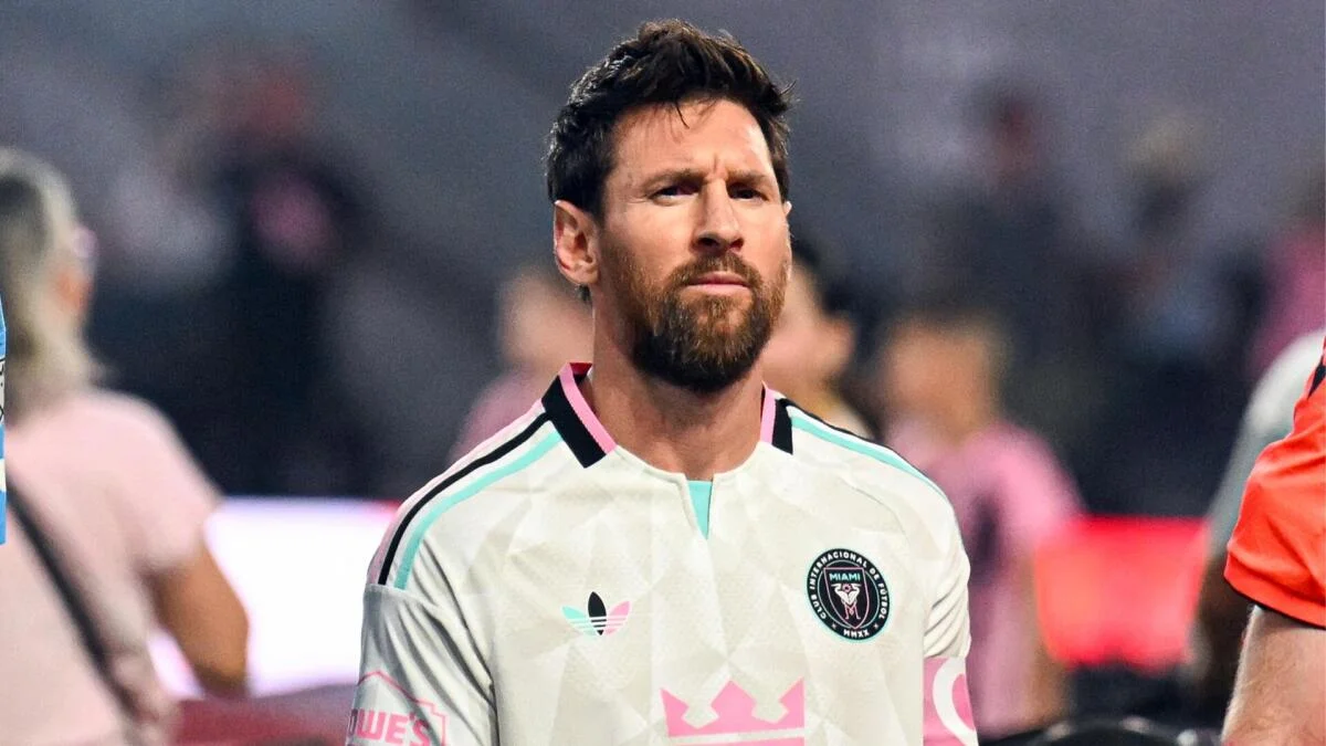 Lionel Messi wearing an Inter Miami jersey during a soccer match