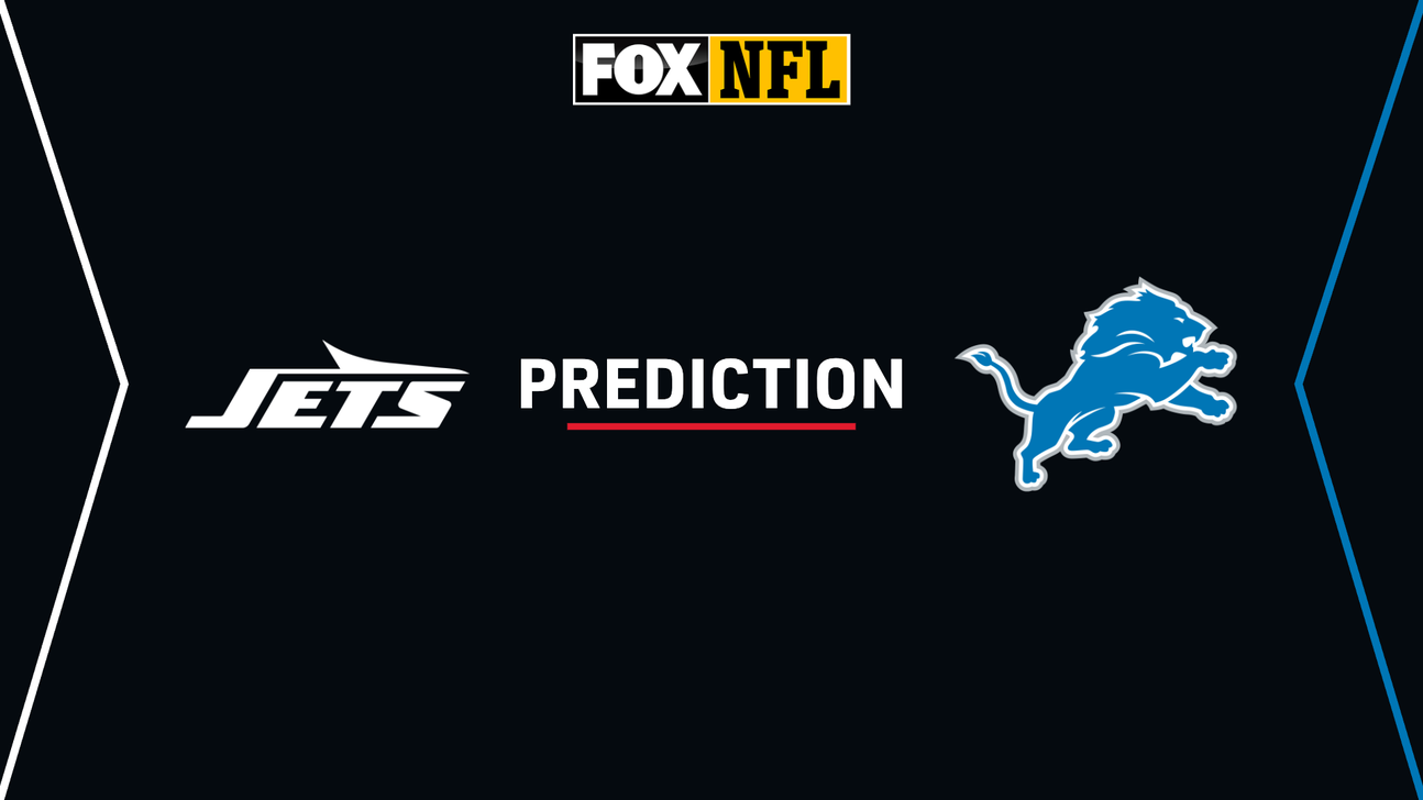 FOX NFL graphic with the Jets logo, “Prediction” text, and a Detroit Lions logo on a black background.