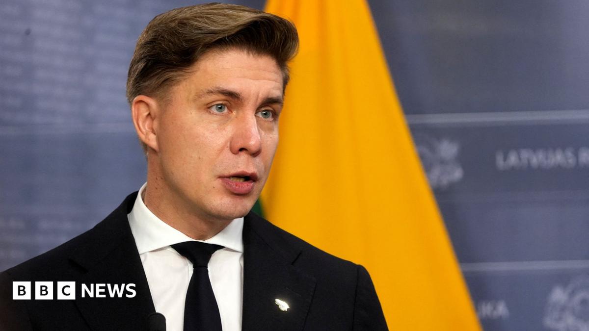 Man in black suit and tie speaking at a press conference with a Lithuanian flag behind him