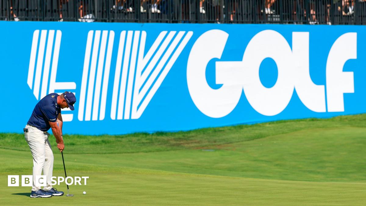 A golfer prepares to putt on a course beside a large LIV Golf sign.