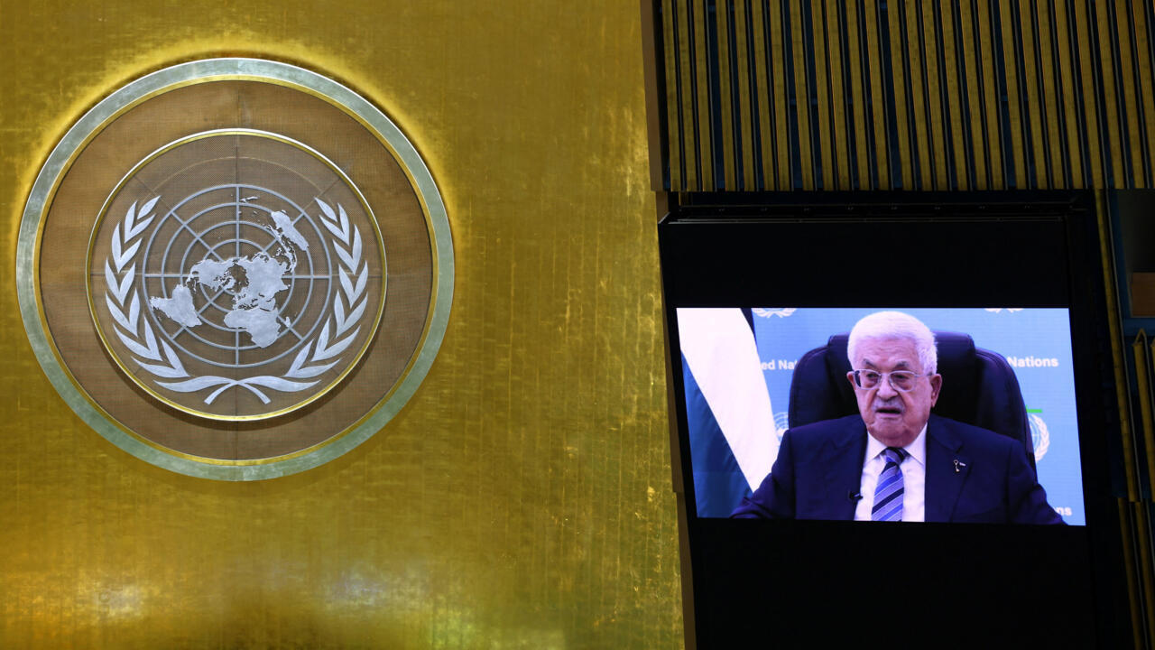 United Nations emblem displayed beside a screen showing an older man speaking at a conference.