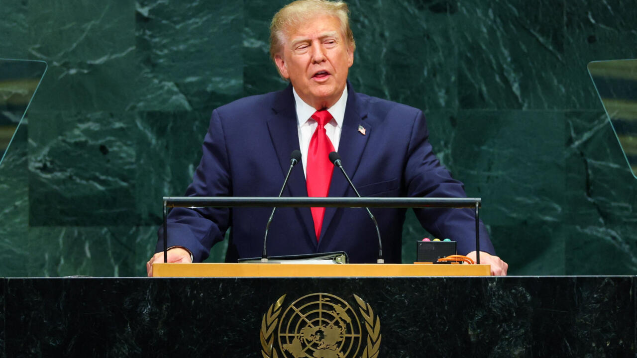 Donald Trump speaks at a lectern with microphones in front of a green marble backdrop